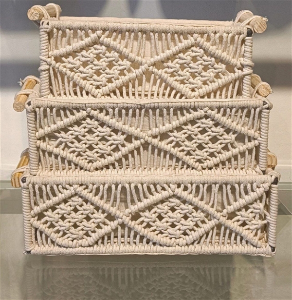 Set of 3 macrame baskets Big size 32x13x15 cms Medium 30x12x13 cms Small 27x12x10 cms