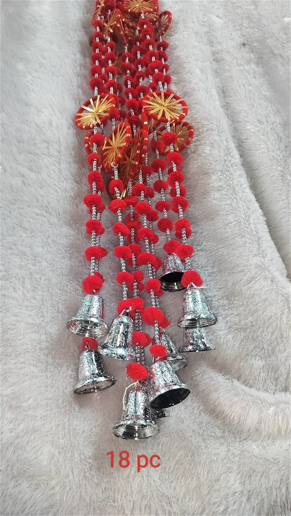 Red chakri pompom bell hangings  18 pc available 5 feet each