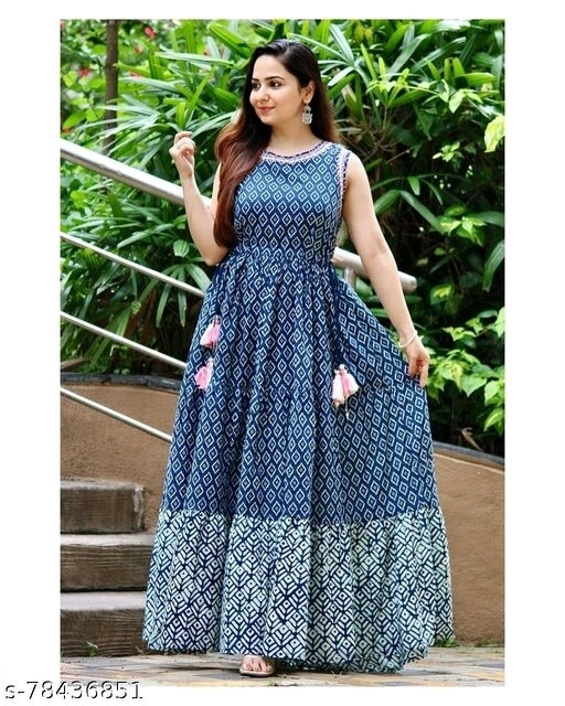 Buy Bless Collections Women's Cotton Bell Sleevs Floral Print Lace Neck Gown  Style Kurta Kalf Length XL | Gown-GC-225-XL Light Blue at Amazon.in