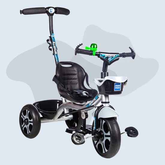 MEE MEE PREMIUM BABY TRICYCLE WITH ADJUSTABLE PARENT HANDLE & CUSHIONED SEAT (SILVER)