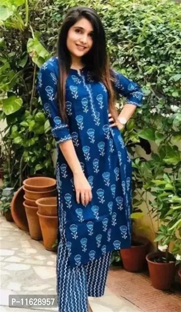Reliable Blue Printed Rayon Kurta with Pant Set For Women - L