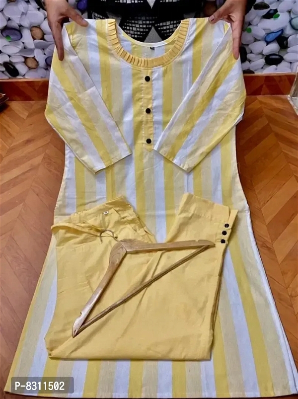 Trendy Khadi Cotton Printed 3/4 Sleeves Kurta With Pant Set For Women  - M