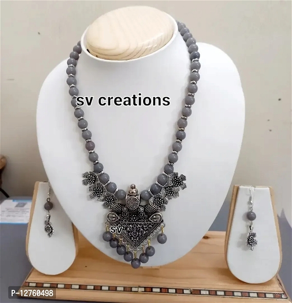 oxidized beads flower necklace set 
