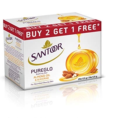 Santoor Pure Glow Bathing Bar With Almond Oil & Glycerine,  Nourished Glowing Skin - 125 g ( Pack Of 3)